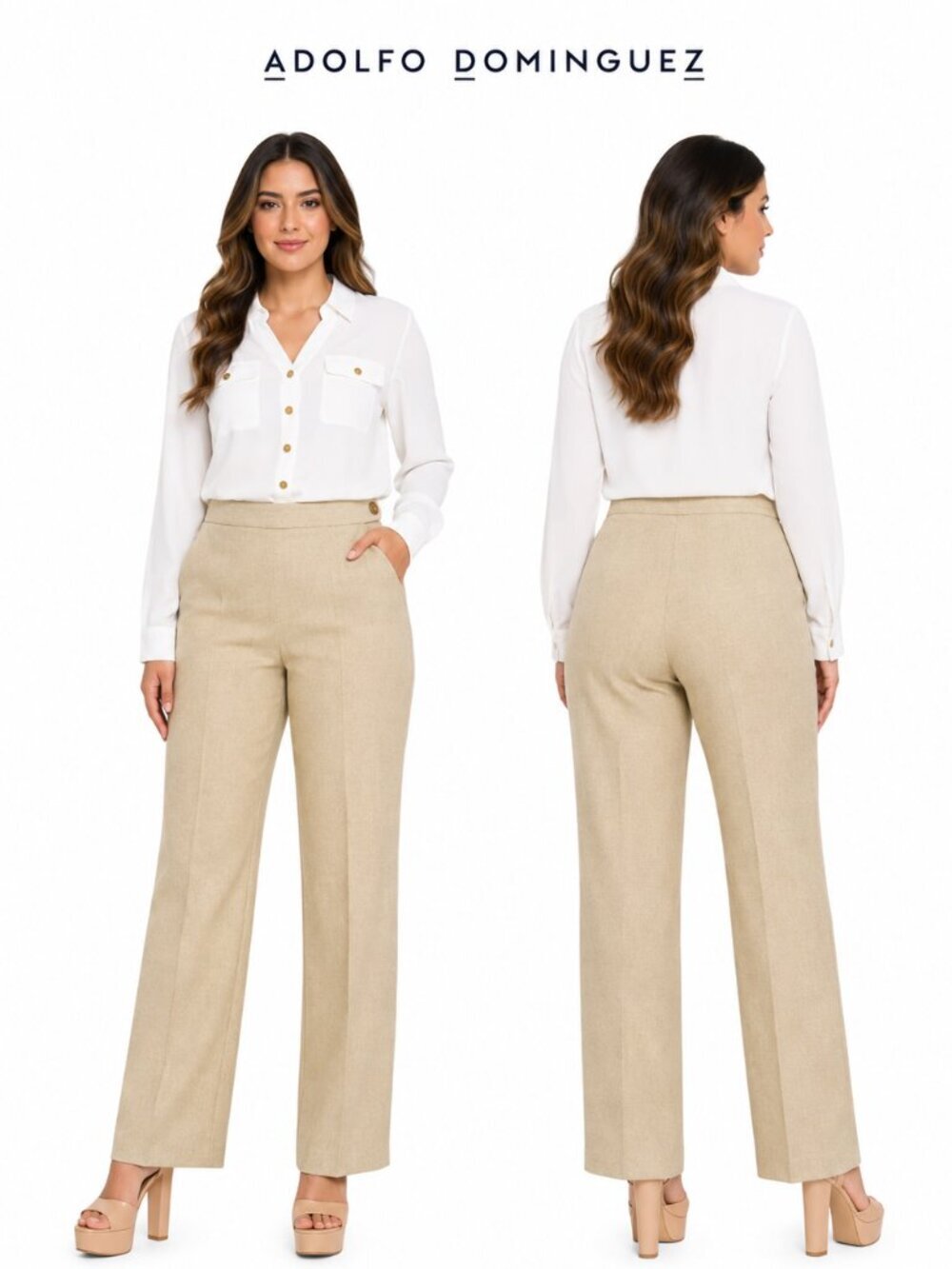Adolfo Dominguez Beige High Waisted Straight Leg Trousers Size 40 US 8 LinenLook